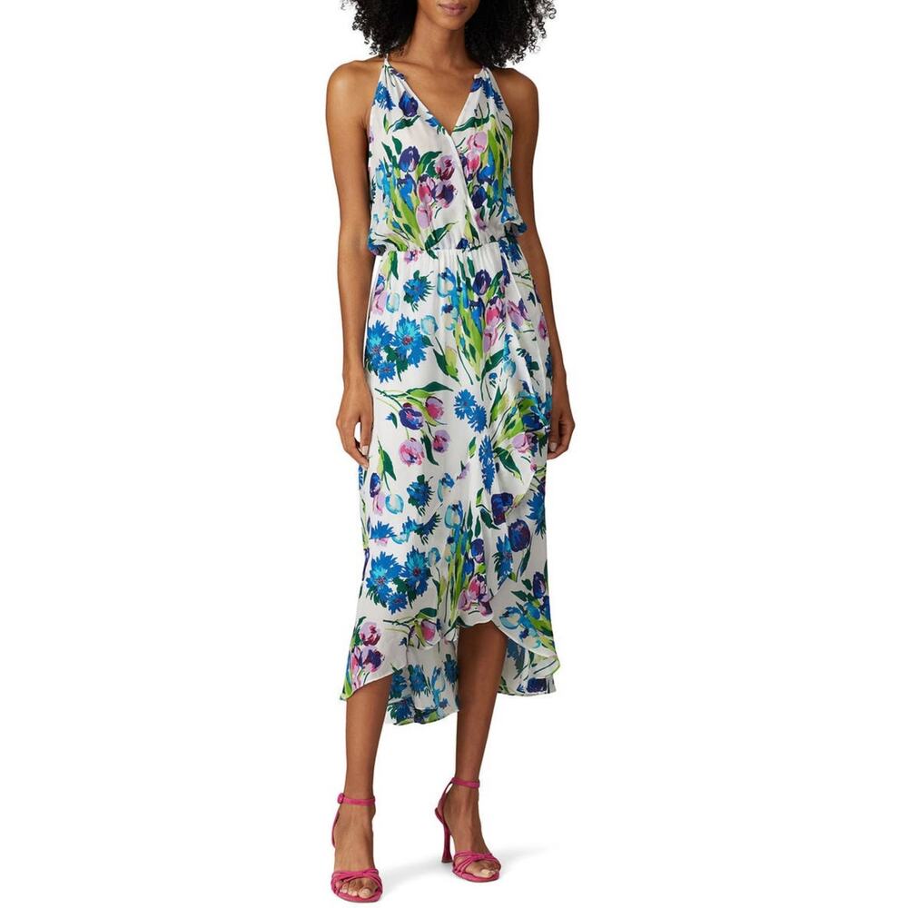 Parker Dottie White Floral Print Silk Blend Sleeveless Midi Dress Size M